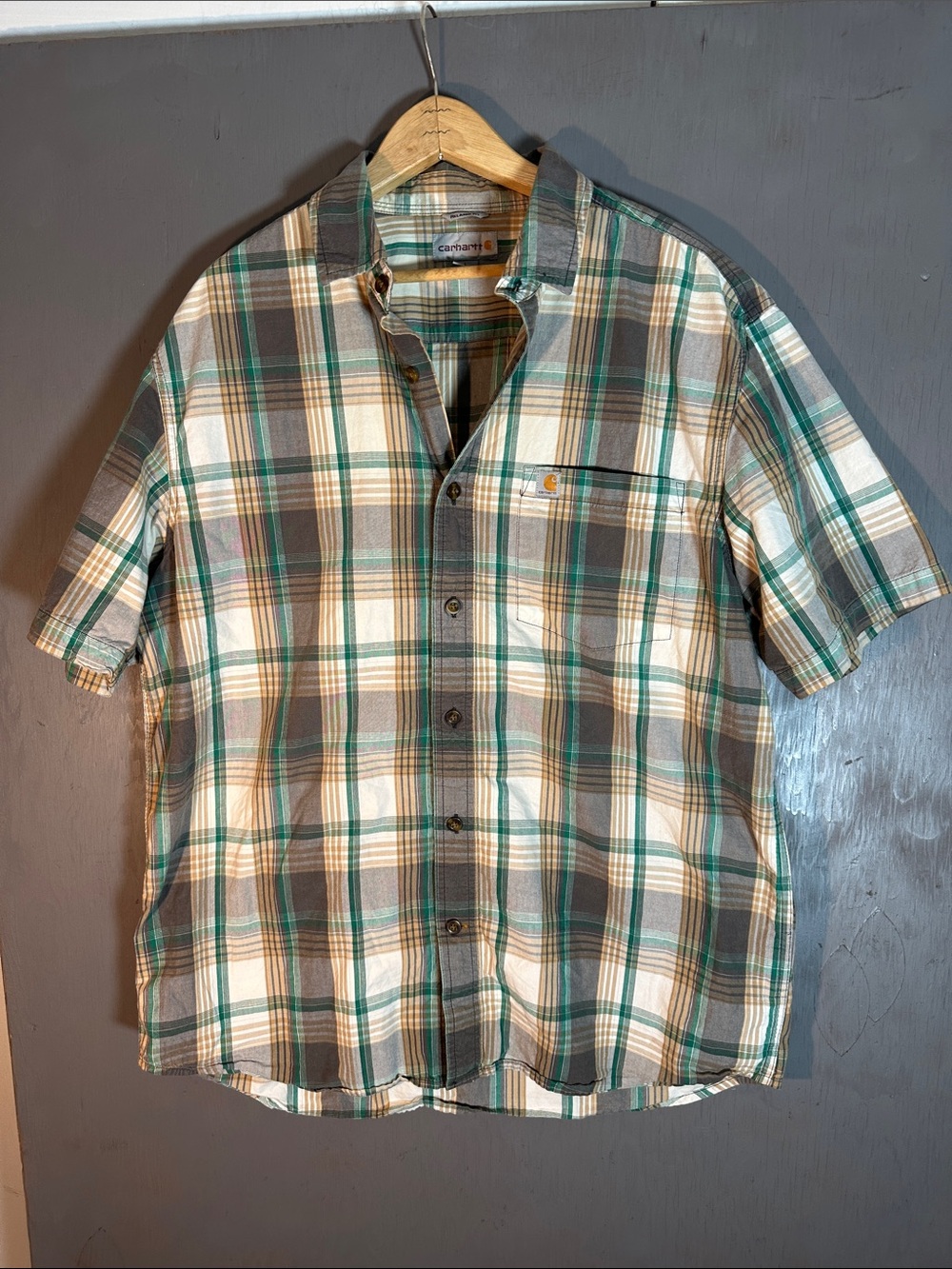 Carhartt Men’s Short-Sleeve Plaid Button-Down Shirt - Green/Gray/Cream